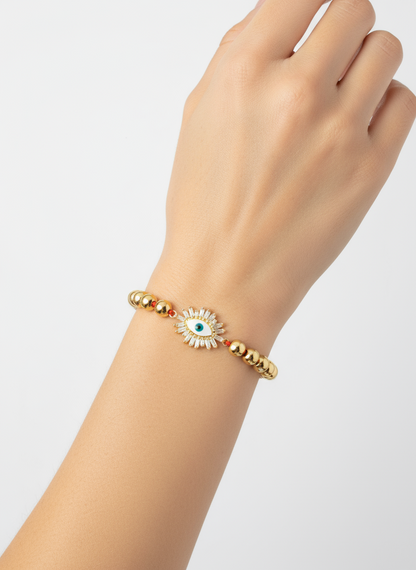 Ai generated Gold bracelet with a decorative clasp on a hand against a light gray background