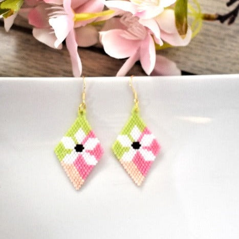 Pink floral beaded earrings