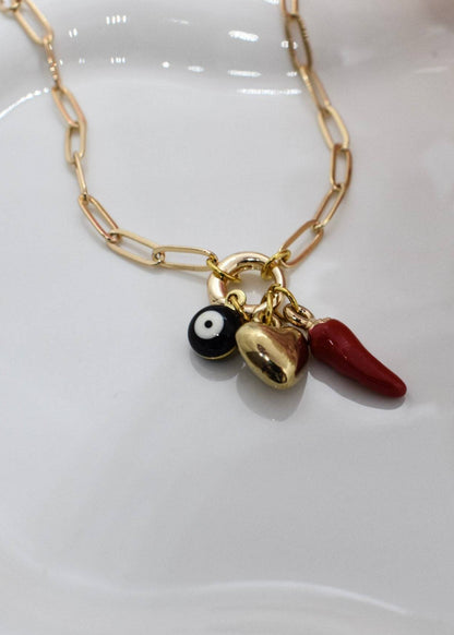 heart evil eye and chilli necklace