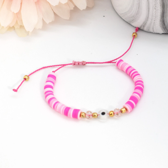 Heishi evil eye pink