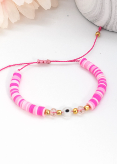 Heishi evil eye pink