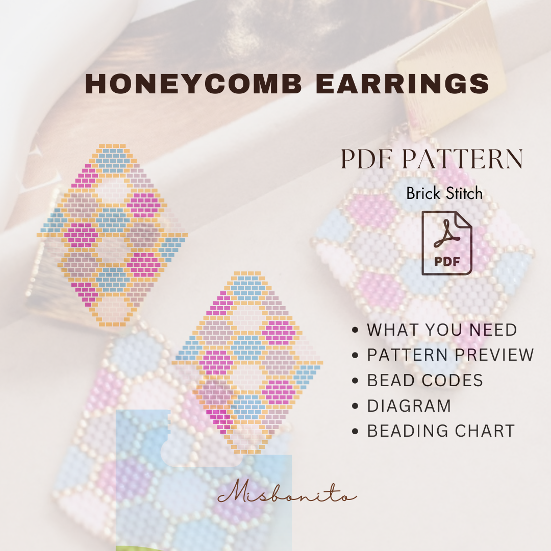 Promotional graphic for a PDF beadwork pattern of honeycomb earrings, showing two colorful embroidered earring designs, a PDF icon, and a list of included contents on a soft cream background. The brand name 'Mishonito' appears at the bottom.