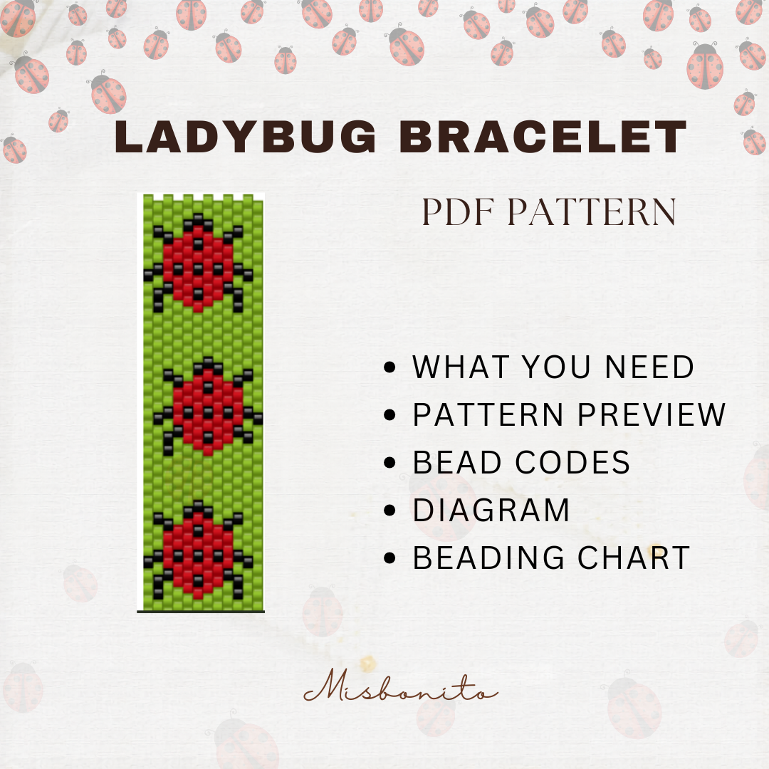 Ladybug bracelet PDF pattern with bead codes and diagram on a white background with ladybug designs.