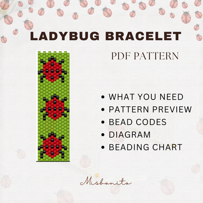 Ladybug bracelet PDF pattern with bead codes and diagram on a white background with ladybug designs.