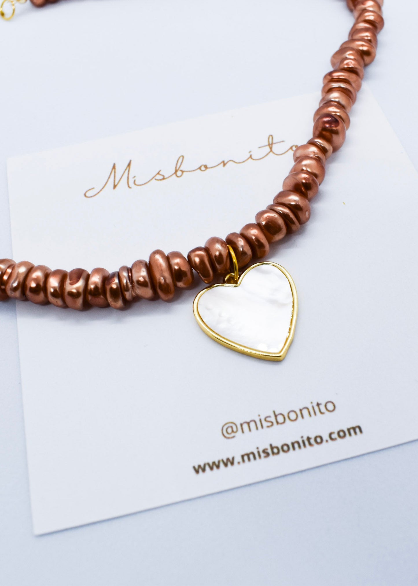 mother of pearl heart bronze pearls necklace