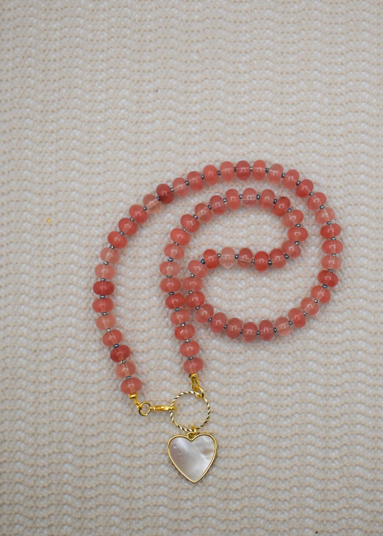 natural stone watermelon necklace with a white mother pearl heart