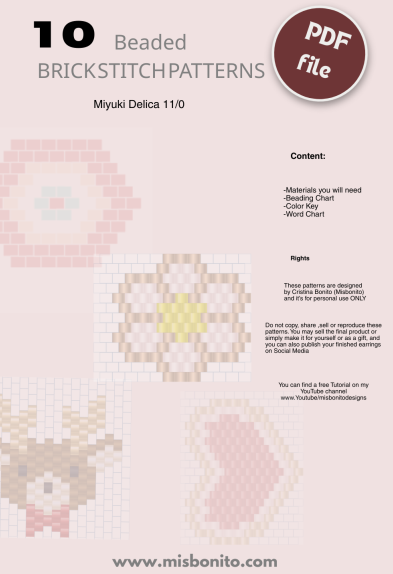 Beaded brick stitch patterns with Miyuki Delica 11/0 beads on a white background