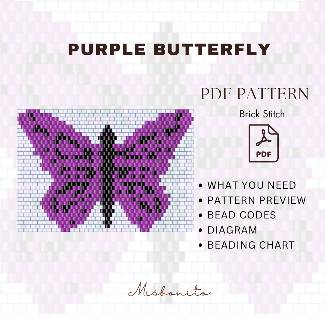 A digital preview for a 'Purple Butterfly' PDF bead stitch pattern by Missonito. The graphic features a purple and black pixelated butterfly design on a light blue grid, with text listing included contents like bead codes, a pattern preview, and a beading chart.