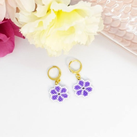 Purple daisy hoop earrings