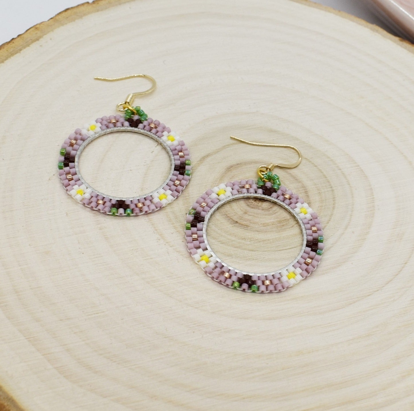 Purple flower beaded earrings