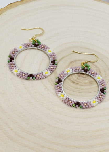 Purple flower beaded earrings