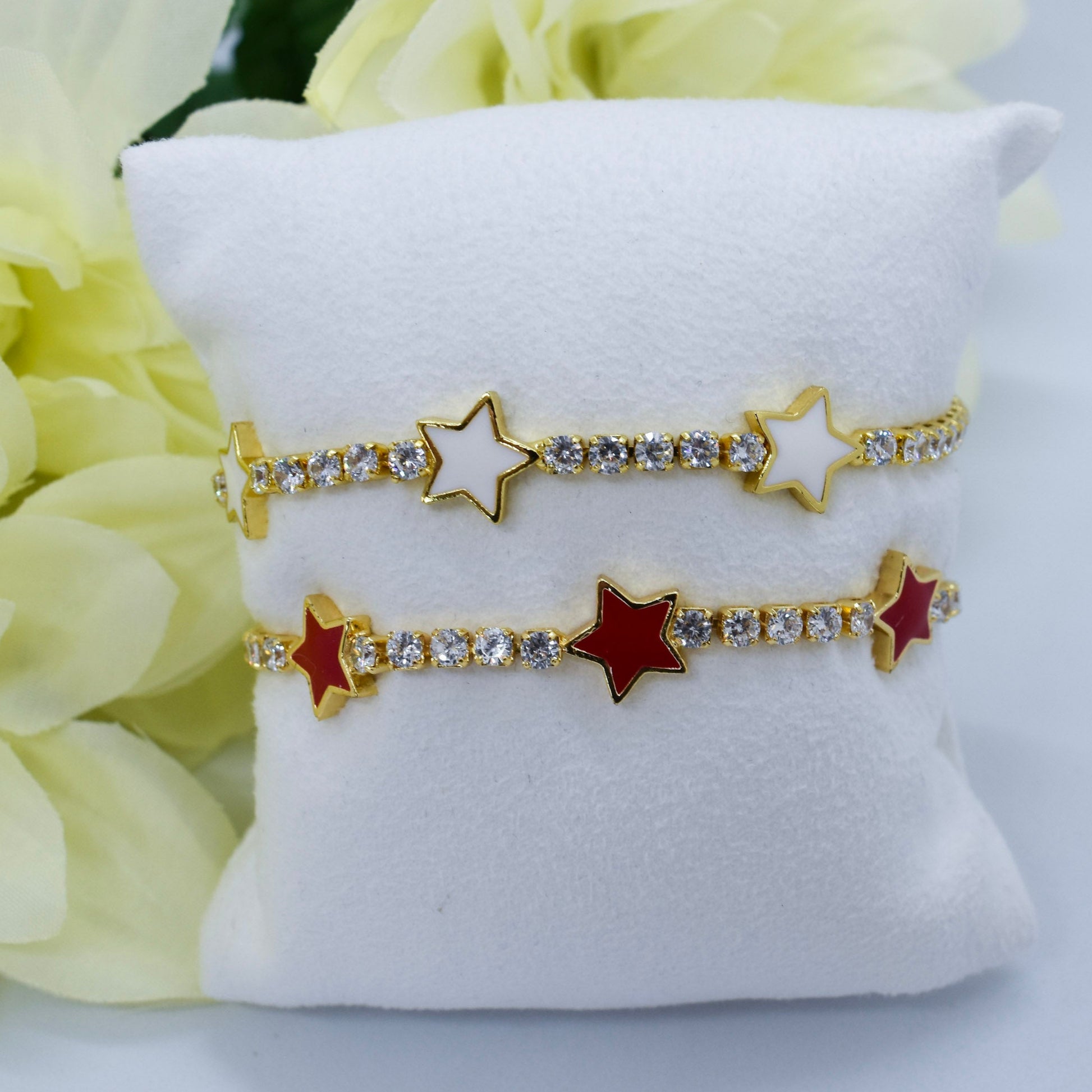 red and white stars and strass bracelets