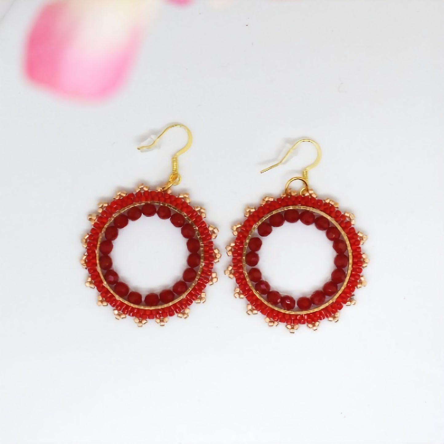 Red hoop beaded earrings