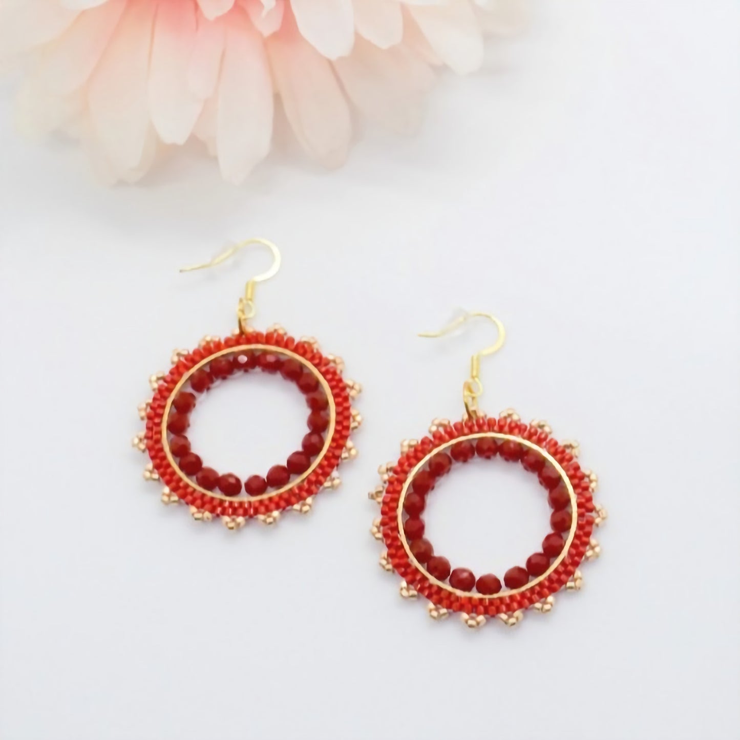 Red hoop beaded earrings