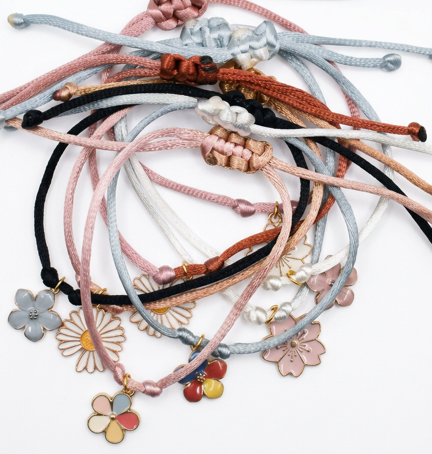 A pile of braided cord bracelets with floral charms in pastel pink, light blue, black, white, rust orange, and beige, arranged on a white background.