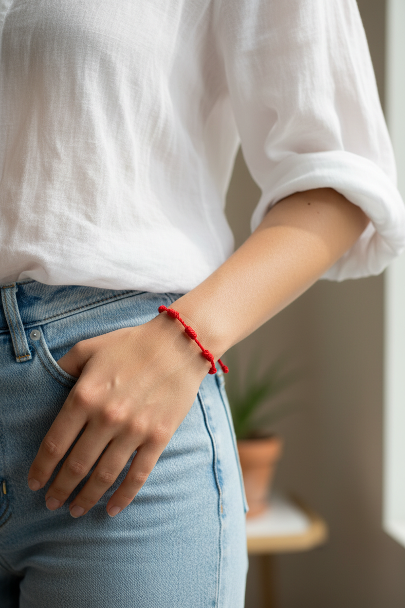 Person wearing a seven knots red bracelet on hand with a jean and white shirt on  a blurred background