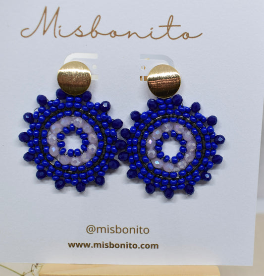 Blue beaded earrings on a Misbonito branded card.
