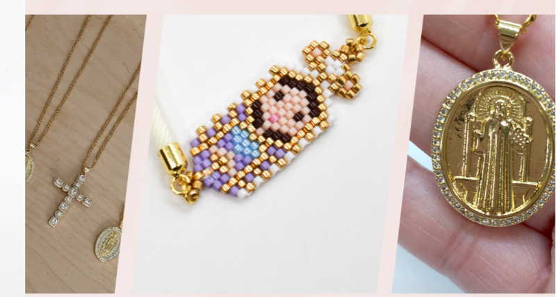 stay protected banner with virgin mary jewelry