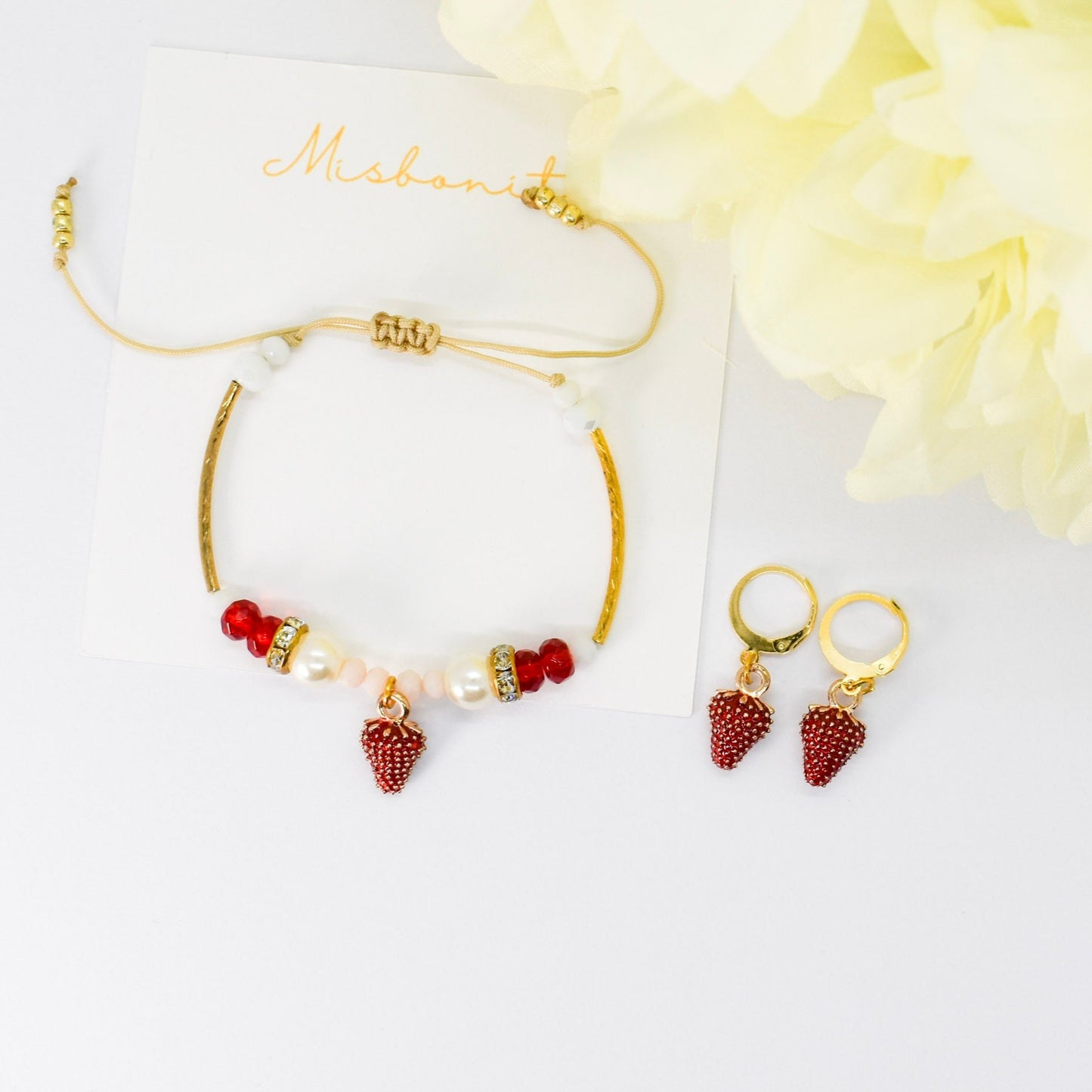 strawberry bracelet and earrings