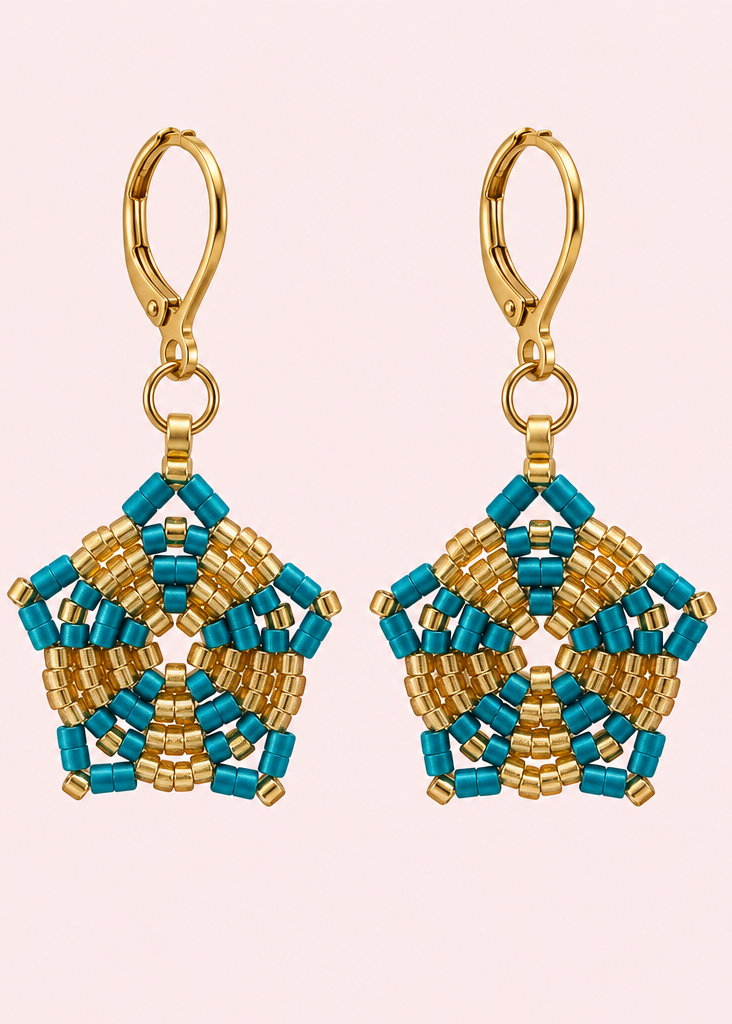 A pair of handmade beaded dangle earrings with gold-toned hooks and pentagonal star-shaped charms featuring turquoise and gold seed beads, displayed on a light gray background.