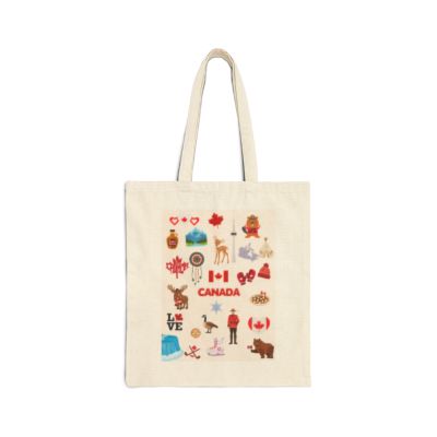 An off-white canvas tote bag with two shoulder straps, featuring a colorful graphic print of Canadian-themed icons, symbols, and illustrations on the front, set against a plain white background.