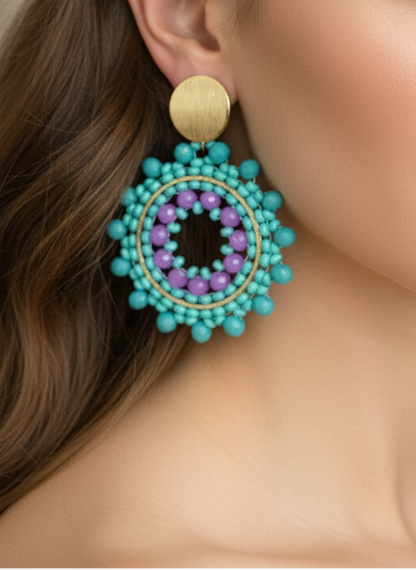 AI model wearing a turquoise and purple beaded earrings on a light surface with flowers.
