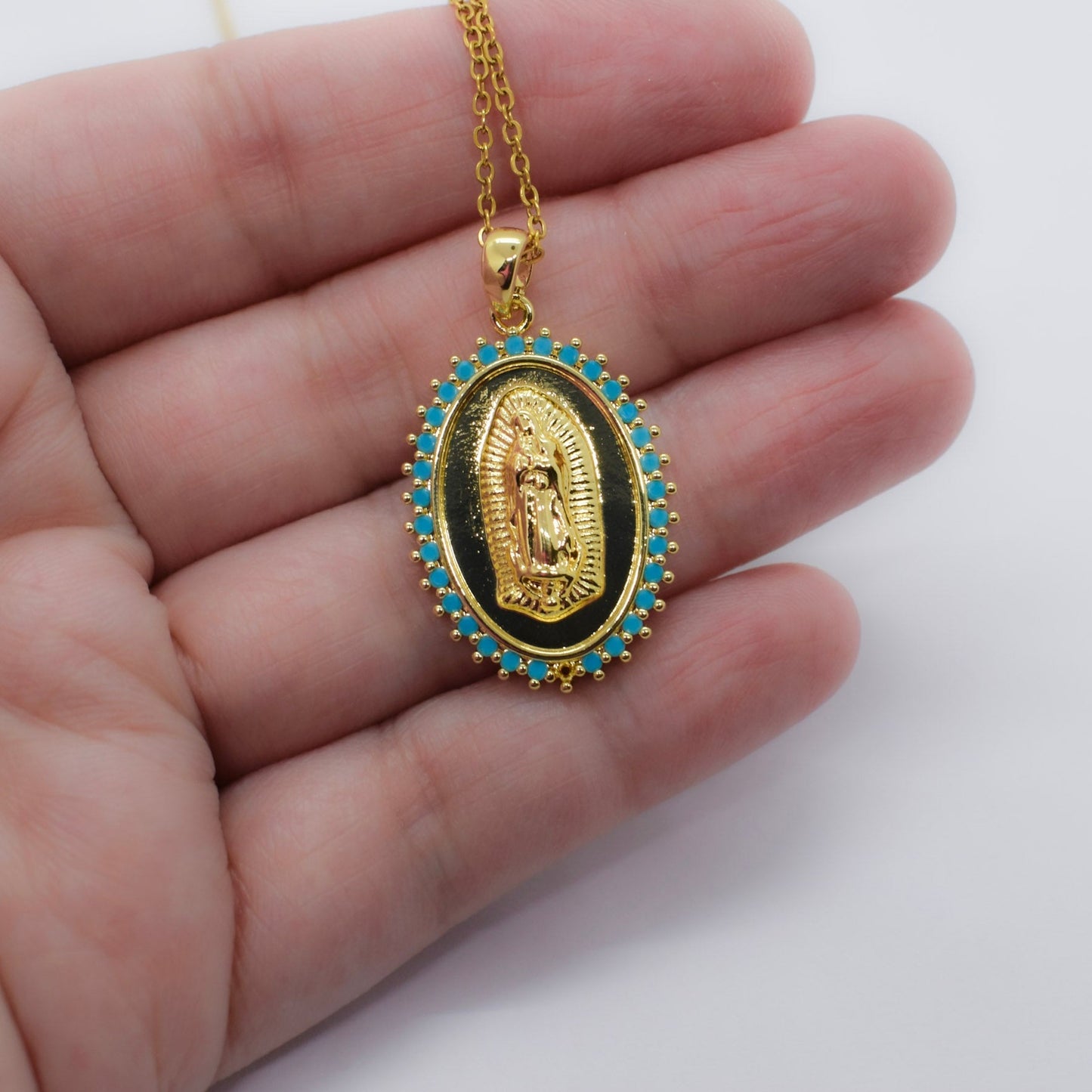 TURQUOISE VIRGIN MARY NECKLACE