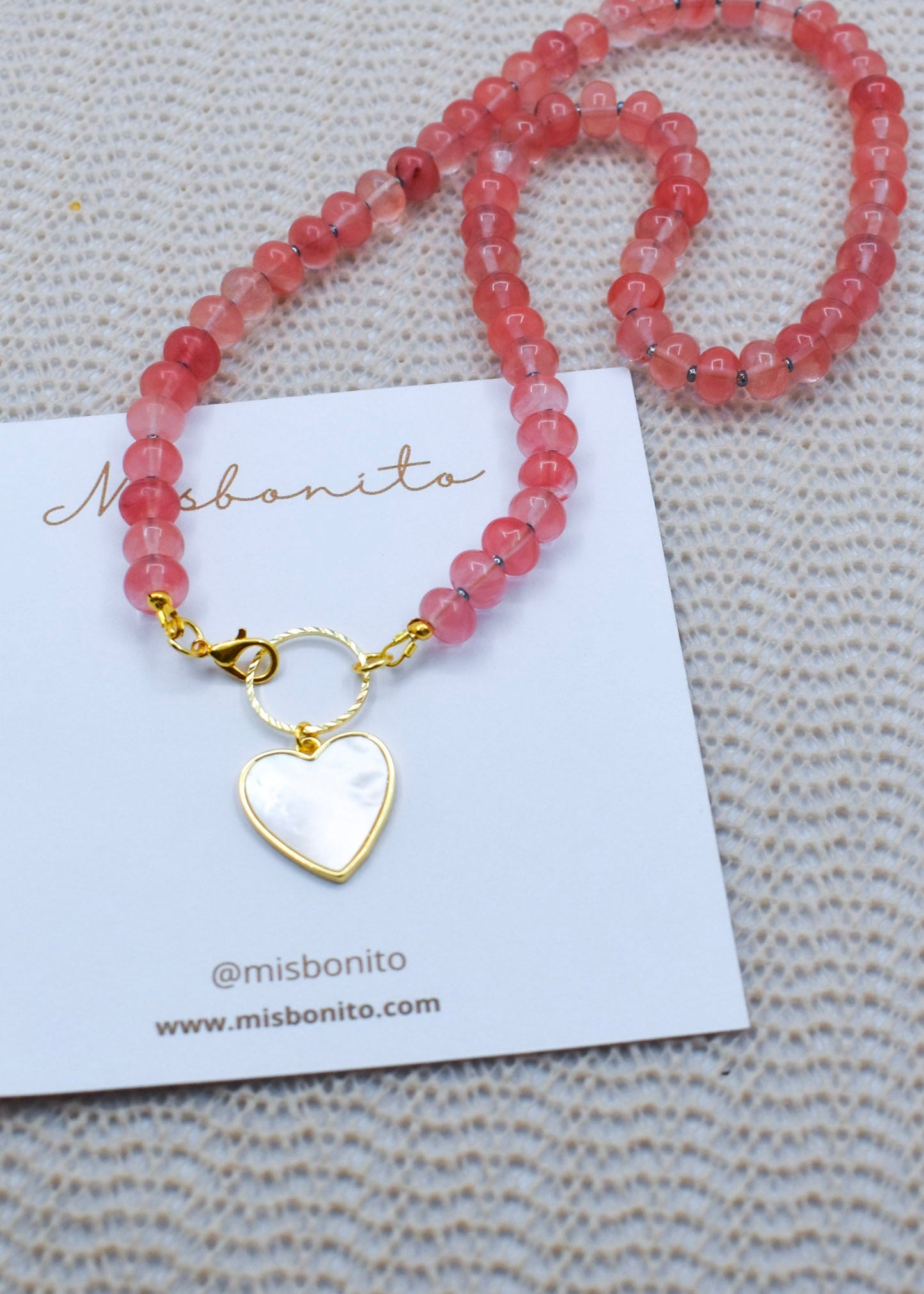 watermelon natural stone necklace with a mother pearl heart
