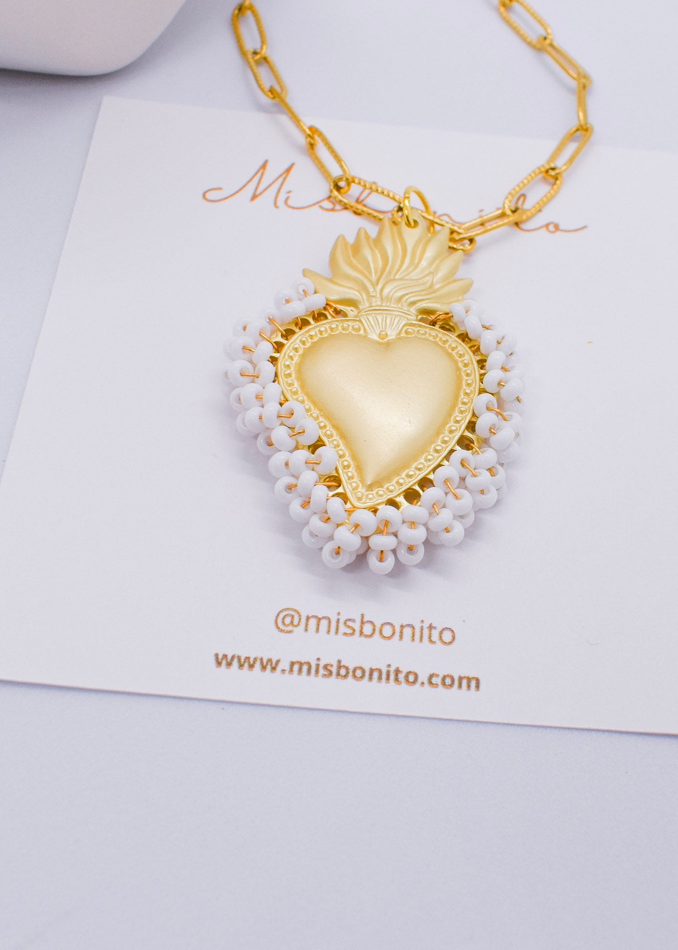 white beads sacred heart of Jesus necklac