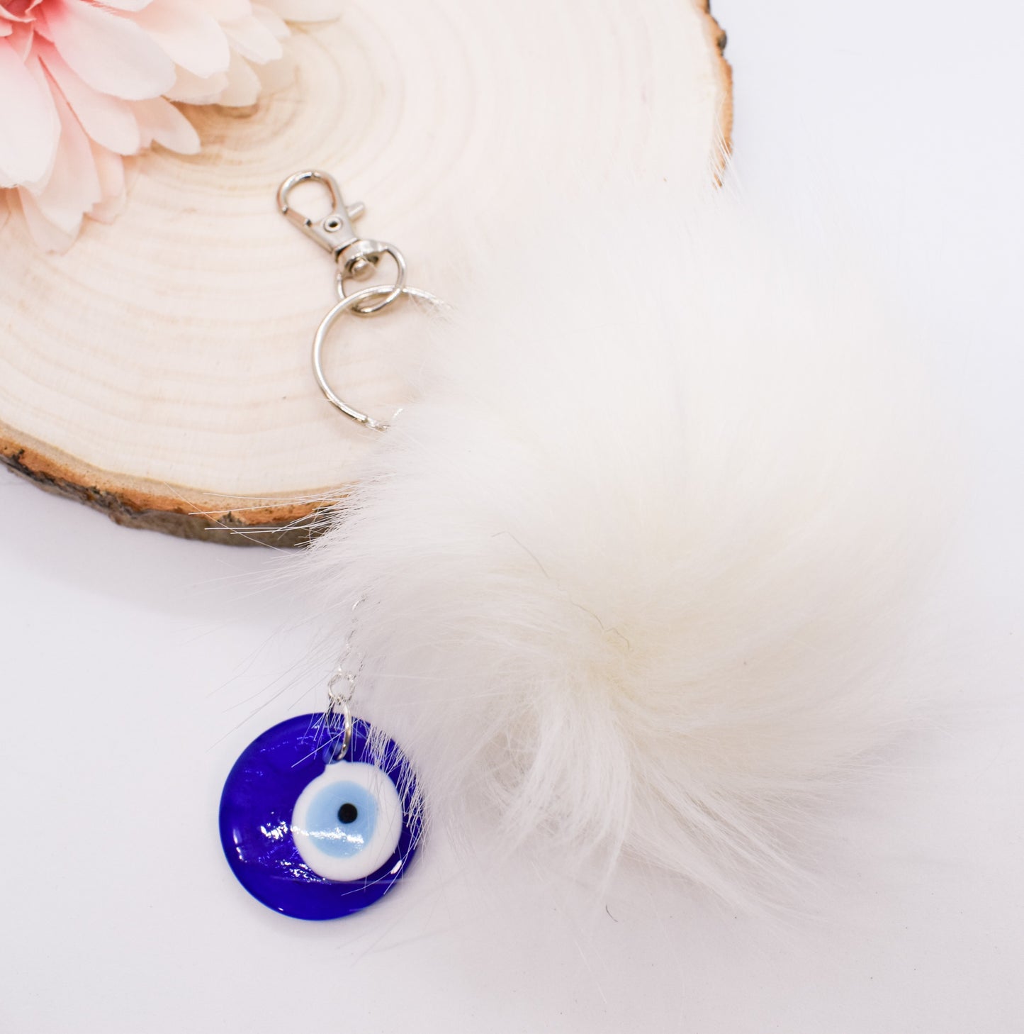 white fur pom pom keychain